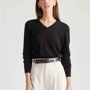 NWT QUINCE Black Lightweight Cotton Cashmere V-Neck Sweater Size XS